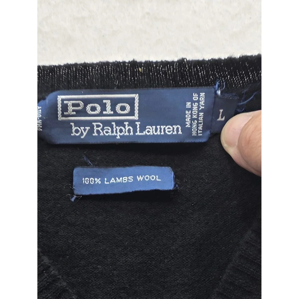 Polo Ralph Lauren Men's Black w Purple Pony Lambs Wool V-Neck Sweater. Size L